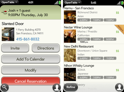 OpenTable Palm Pre webOS