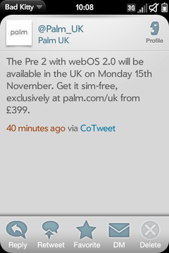 Palm Pre 2 UK Twitter
